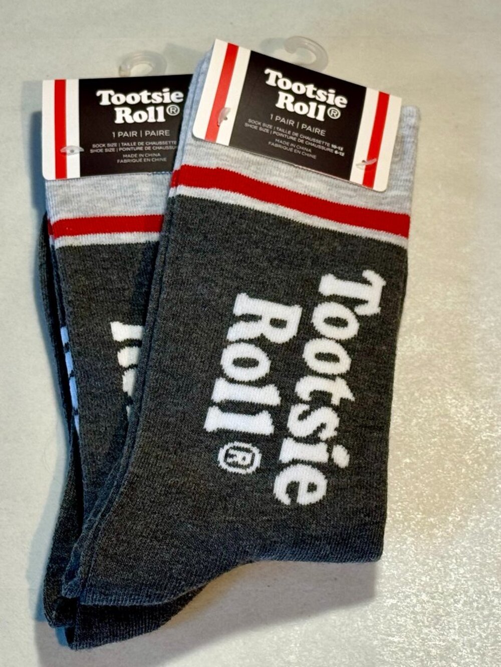 2 Pairs Gray Tootsie Roll Novelty Crew Socks Size 6-12/13 OSFM